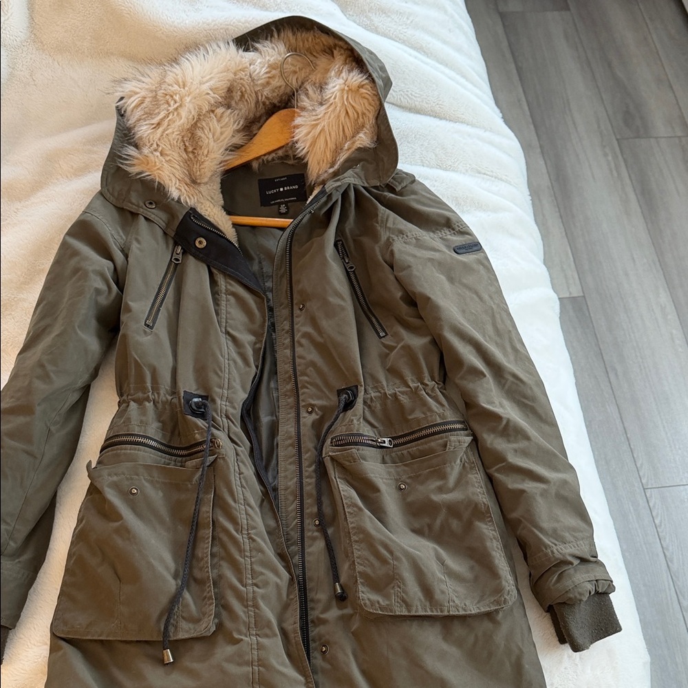Lucky Brand Olive Utility Jacket with Faux Fur Hood
